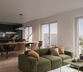 a modern open-plan living and dining area with a kitchen, a green sofa with pillows, a glass table, a wooden table with chairs, a coffee table, a ceiling lamp, a view from the balcony