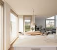 white interior, large glass windows, modern style, large wooden dining table, wooden floor