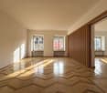 large room, wooden floor, wooden wall, large windows