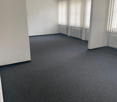 empty room, white walls, gray carpet, large windows, wall mounted radiators