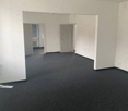 Empty room, 3 doors, windows, carpeted floor, white walls, ceiling lights.