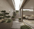 modern bedroom, wooden bed, stone flooring, large window, outdoor patio, garden, staircase