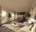 living room with white couch, round marble coffee table, area rug, dining table, and chairs, glass sliding doors with balcony view, ceiling fan, potted plants, lamps