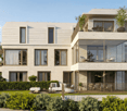 2 story white house, balcony on each floor, plants on balcony, lawn, trees, car