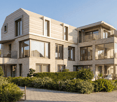 modern house, beige brick, large windows, balconies, raised ground floor, modern design