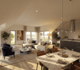 modern living room, sectional sofa, coffee table, large windows, balcony, kitchen area