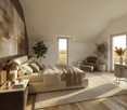 Wooden floor, large bed, side table, lamp, rug, plants, chair, ottoman, desk, mirror