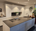 modern kitchen with a large central island, integrated oven, induction hob, two sinks, built-in appliances, potted plants, large window, minimalist design