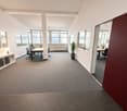 Empty office with desks, chairs, and plants. White walls, gray carpet, and large windows.