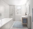 Bathroom with bathtub, shower, toilet, sink, mirror, and towel rack.
