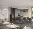 Open-plan living and dining area with modern furniture, fireplace, and kitchen. Large windows and sliding doors.