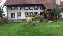 white stucco house, brown tiled roof, many windows, plants, lawn