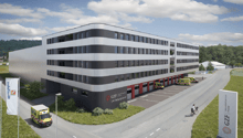 multi-story building, ambulance bay, large parking lot, ambulance