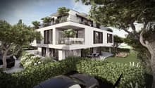 Modern 2-story house, white exterior, large windows, balcony, garden, lounge chairs, trees, cars parked