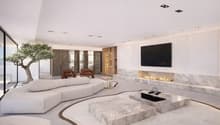 large fireplace, sectional sofa, center tables, armchairs, flatscreen TV