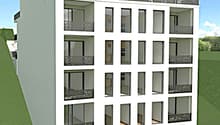 5 story white building, curved bottom, balcony on every floor, large windows