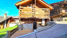 wooden chalet, wooden balcony, stone wall, driveway