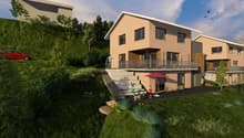 two story house with beige walls, several windows, glass balcony, steps to entrance, small garden in front, a couple and child standing on the steps, a dog, a red car