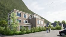 2 story house, brown walls, white windows, 3 balconies, cars, mountains