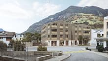 Modern apartment building with wooden facade, 5 stories, balcony, large windows, mountains in the background