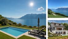 Villa with swimming pool, lake view, terrace, two lounge chairs, green grass, umbrella, potted plant
