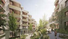 Several multi-story residential buildings with balconies, a park with people and children.