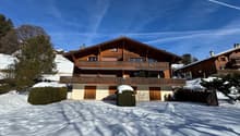 wooden exterior, wooden balconies, snow on ground, nearby trees, slope behind
