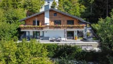 detached house, wooden exterior, balcony with flower boxes, outdoor pool, outdoor seating, garden