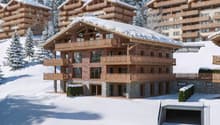 3 story wooden chalet, snowy roof, multiple balconies, covered driveway