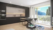modern kitchen with dining table, balcony with table and chairs, large windows, couch, round table, open shelves