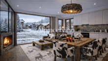 modern design, fireplace, wooden floor, large windows, couch, coffee table, wooden table, chairs, chandelier, open kitchen