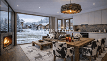 modern design, fireplace, wooden floor, large windows, couch, coffee table, wooden table, chairs, chandelier, open kitchen