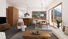 Open concept living and dining area, gray tile floor, glass windows, wooden coffee table, couch, chair, TV, dining table and chairs, kitchen island, large wooden cabinet, kitchen countertop with stools, potted plants