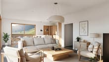 modern living room with white sofa, wooden coffee table, carpet, wooden chairs, lamp, frame, plants, view of hills