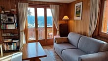 Cozy living room with wooden paneled walls, large windows with a balcony/terrace view, a gray sofa, a wooden coffee table, and a bookshelf with various books and decor items.