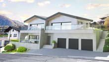 2 story house, gray concrete, 2 garages, large balcony, steps, landscaped area