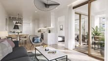 living room with dining room and kitchenette, sofa, armchair, coffee table, dining table, kitchen, glass balcony doors, balcony