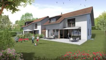 Two story house, white exterior, brown roof, balcony, patio with outdoor seating, garden, multiple windows, a view