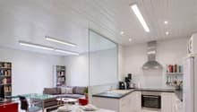 Open plan living room and kitchen, dining table, couch, bookshelves, kitchen appliances