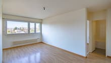 Empty room with white walls, wooden floor, large window, heater