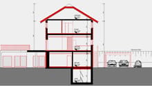 main floor with garage, upper floor, lower floor, car parking place, driveway
