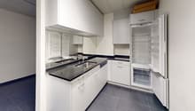 modern kitchen, white cabinets, granite countertops, stainless steel sink, dishwasher, private washing machine, open refrigerator, ceiling fan