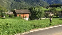 Detached house, brown roof, situated on a slope, mountains in the background