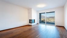 Empty room with hardwood floors, white walls, fireplace, sliding glass doors to balcony, city view.