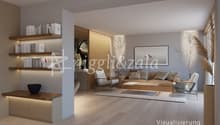 Spacious living room with wooden shelves, wooden floors, beige sofa, coffee table, and a framed artwork on the wall. The room also features a fireplace and decorative elements like plants and vases.
