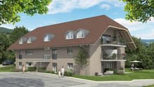 Multi-storey house, brown roof, large windows, balconies, garage, car parked, trees, lawn, seating area