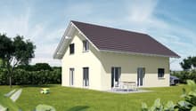 Single-family house, beige exterior, brown roof, large windows, patio with table and chairs, car parked in front