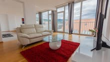 Spacious living room with large windows overlooking a balcony, beige sofa, glass coffee table, and a red shag rug on the hardwood floor.