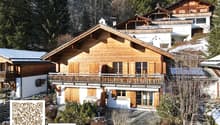 Detached wooden chalet, gable roof, raised ground floor, balcony, surrounding by trees