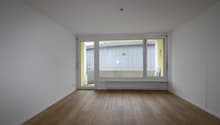 empty room, wooden floor, white walls, double glass doors to balcony, glass windows